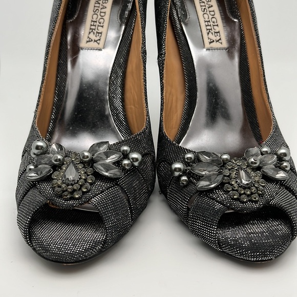 Badgley Mischa Monique Metallic Black Jeweled Peep Toe Heels Shoes Size 7.5 - Picture 5 of 14